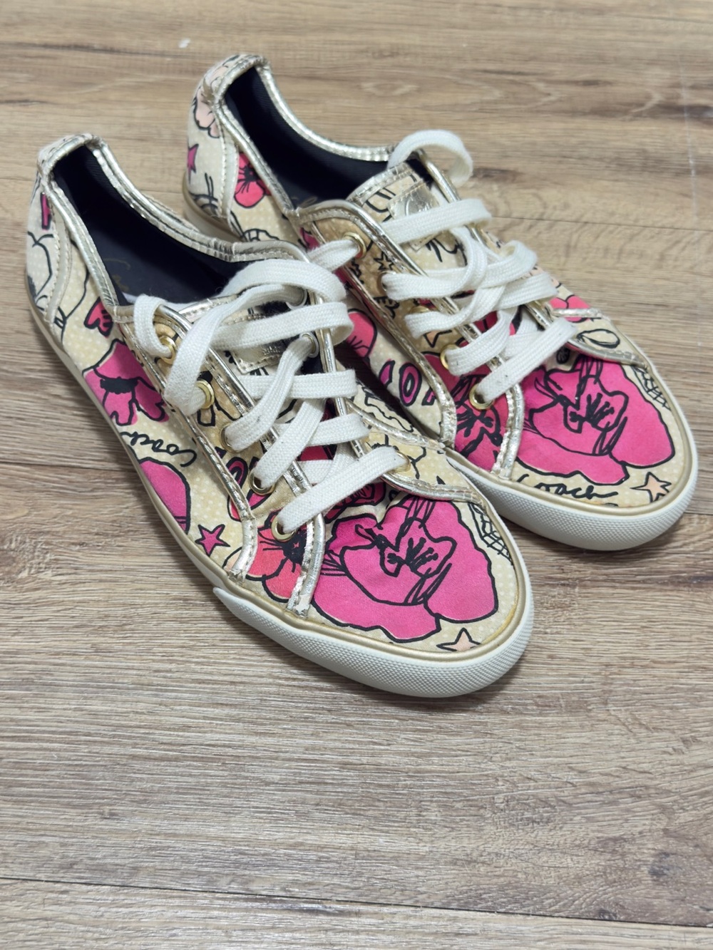 Y2K Coach Women's Pink Floral Canvas Sneakers with Gold Trim